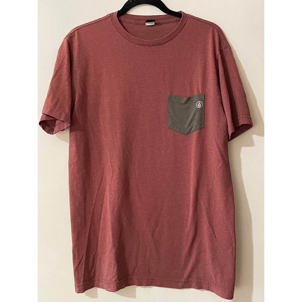 Volcom Mens M/M Burgundy Gray Heathered Pocket T‎ Shirt Short Sleeve Graphic Tee